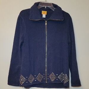 Ruby Rd Zippered Cardigan Blue‎ with Gold Embellished Diamond Design W Med